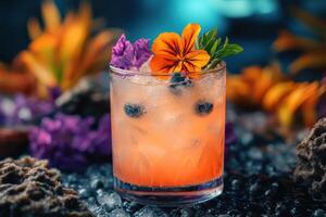 A drink with flowers and rocks on a table photo