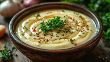 Creamy garlic dip served in a rustic bowl with fresh herbs and spices for flavor enhancement photo