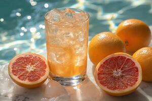 A glass of orange juice next to a glass of water photo