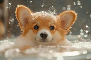A corgi dog in a bathtub with bubbles photo