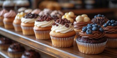 Delicious variety of gourmet cupcakes displayed on wooden shelf in bakery photo