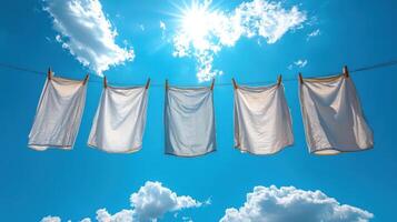 White laundry hanging on a clothesline under a bright blue sky with fluffy clouds on a sunny day photo