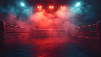 Exciting atmosphere in a boxing ring surrounded by colorful lights and mist during a night event photo