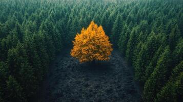 Vibrant orange tree stands alone in a dense green forest showcasing the beauty of autumn photo
