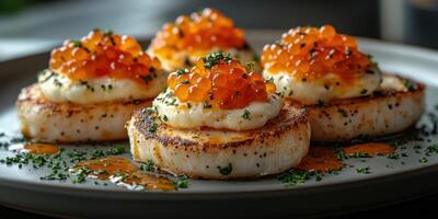 Delicious scallops topped with bright orange caviar and herbs served on a sleek plate during a gourmet dining experience photo