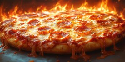A pizza with pepperoni on top is on fire photo