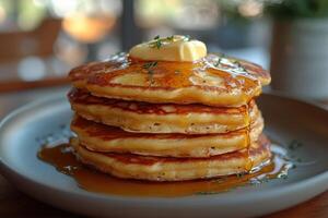 A stack of pancakes on a plate with butter and syrup photo