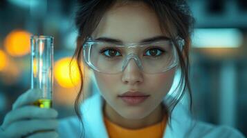Young scientist conducts experiments in laboratory while holding a test tube filled with yellow liquid in vibrant surroundings photo