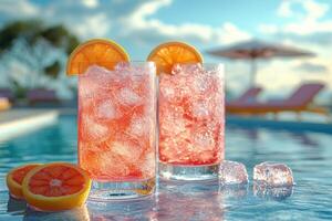 Two glasses of pink drink with ice and orange slices photo