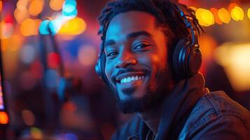 Smiling man with headphones enjoying lively atmosphere at a music event in the evening photo