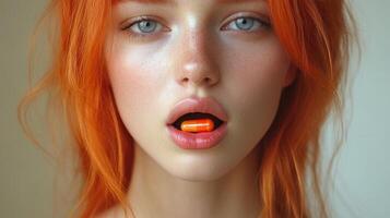 Young woman with orange hair holding a capsule in her mouth in a softly lit setting photo