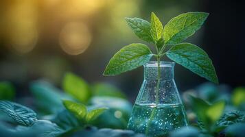 Green plant growing in a glass container filled with water, surrounded by lush foliage in a tranquil setting photo