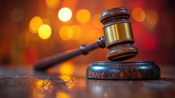 Court gavel set against a colorful blurred background representing justice and legal proceedings in a courtroom environment photo