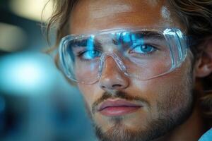 A man wearing safety glasses and a blue shirt photo