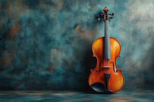 A violin is sitting on a wooden table against a dark background photo