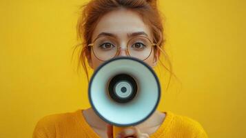 Young woman with glasses holds megaphone in front of vibrant yellow background while engaging with her audience during a community event photo
