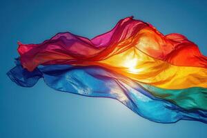 A rainbow colored flag flying in the wind photo