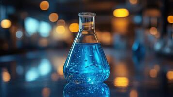 Clear glass flask filled with blue liquid illuminated softly in a laboratory setting photo