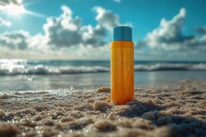 A bottle of sunscreen on the beach photo