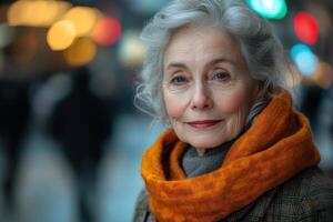 An older woman with a scarf on her head photo