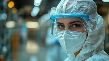 Healthcare worker in protective gear surveys a medical facility during a pandemic response in daylight photo