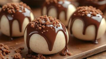 Deliciously crafted chocolate truffles with crumb topping on a wooden serving board in a cozy kitchen setting photo