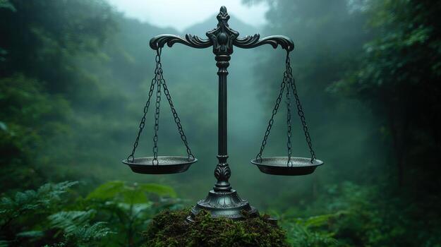 Symbol of justice stands amidst lush greenery in a misty forest, representing balance and fairness in a serene environment photo