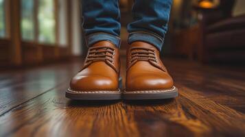 elegante marrón cuero Zapatos desgastado por un persona en pulido de madera piso en un acogedor interior ajuste durante el día foto