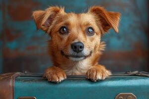 A dog is sitting on top of an old suitcase photo