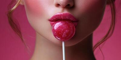 Close-up of a woman with glossy lips holding a bright pink lollipop against a vibrant background during a playful moment photo