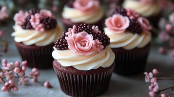 Decorative chocolate cupcakes with floral designs showcasing pink roses and berries in a cozy setting photo