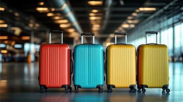Vibrantly colored suitcases lined up in a modern airport terminal during daytime travel photo
