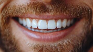 Bright smile of a man with a well-groomed beard showing healthy teeth in natural light photo