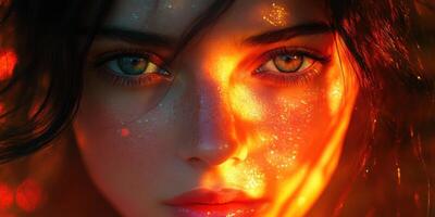 Captivating portrait of a young woman with striking eyes illuminated by warm light in a serene outdoor setting photo