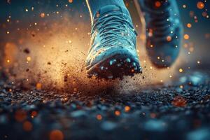 A person running on the ground with their shoes photo