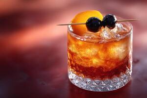 A glass of old fashioned cocktail with olives photo