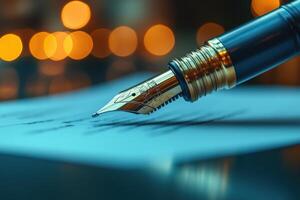 Fountain pen writing on a piece of paper with blurred background photo