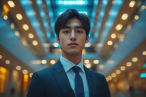 A young man in a suit and tie standing in an office building photo