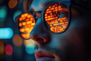 A man wearing glasses with glowing red lights photo