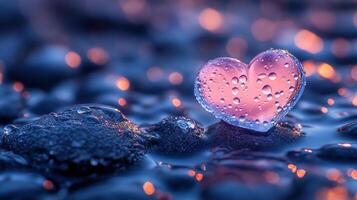Delicate heart-shaped ornament resting on wet stones with soft reflections at dusk photo