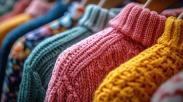 Colorful knitted sweaters displayed on hangers in a cozy retail shop during autumn shopping season photo