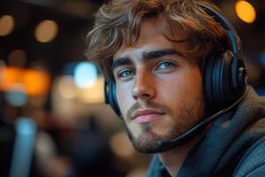 A man wearing headphones and a grey sweatshirt photo