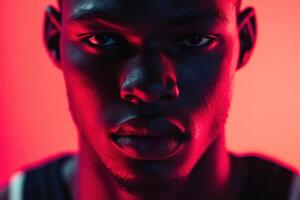 A close up of a basketball player with red light photo