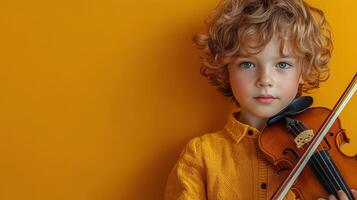 Young boy plays violin against a bright yellow background in an artistic setting photo