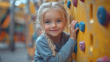 Young girl enjoys climbing on colorful playground wall while smiling in sunny outdoor setting photo