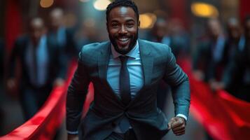 Man in a suit joyfully running during a business event celebration in a modern urban setting photo