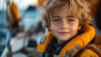 Young boy smiles joyfully while wearing a life jacket on a boat during a sunny day at sea photo