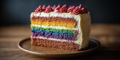 Colorful rainbow cake slice served on a wooden plate with decorative frosting photo