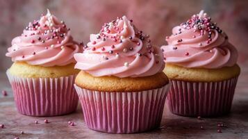Sweet pink frosted cupcakes with sprinkles displayed on a pastel background for a delightful dessert experience photo