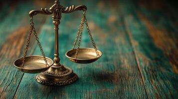 Vintage brass scales on a rustic wooden table highlighting the concept of justice and balance in a cozy setting photo